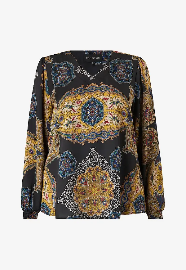 NO. 1 BY OX - Blus V Neck Blouse And LS Smock Cuffs - Flerfärgad