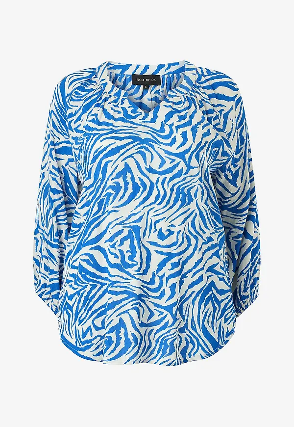 NO. 1 BY OX - Blus Wrinkle Neckline 3/4 Sleeves - Blå