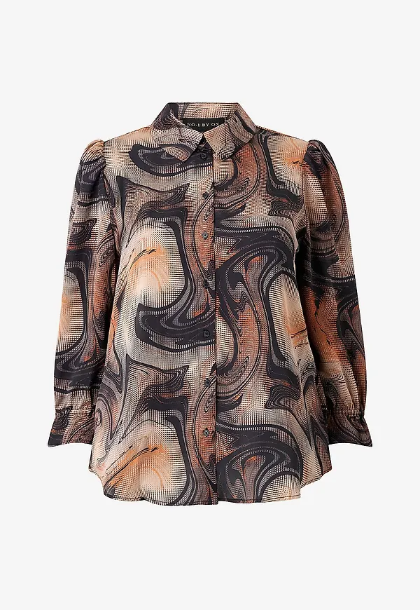 NO. 1 BY OX - Skjorta w 3/4 Puff Sleeves - Brun