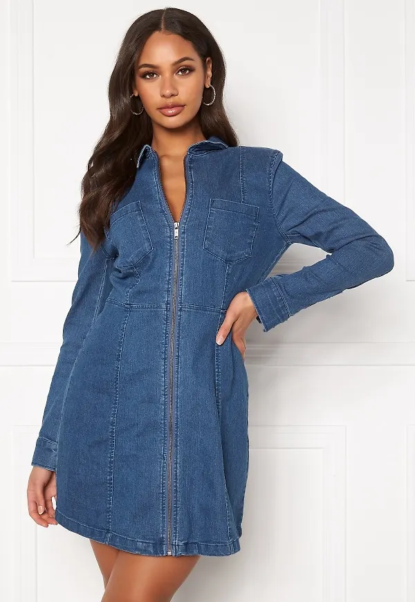 Noisy May Lisa Denim Zip Dress Medium Blue Denim XS