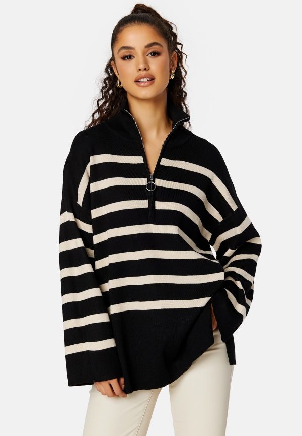 Object Collectors Item Ester L/S Knit Zip Pullover Black Stripes:Sandsh L