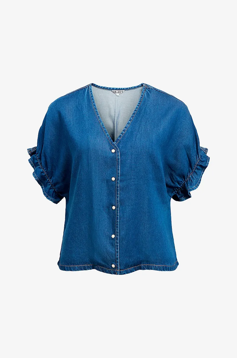 Object - Jeansblus objFrame 2/4 V-neck RE - Blå