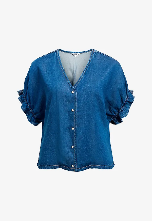 Object - Jeansblus objFrame 2/4 V-neck RE - Blå