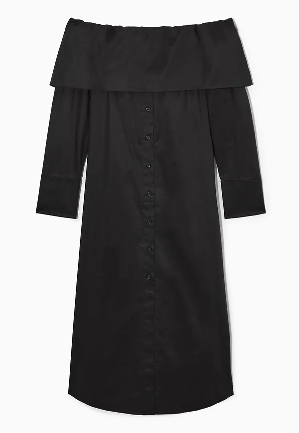 OFF-THE-SHOULDER MIDI SHIRT DRESS