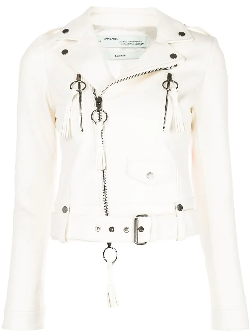 Off-White bikerjacka med fransdetalj - Vit