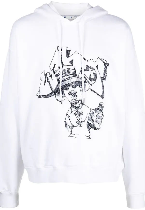 Off-White broderad hoodie med dragsko - Vit