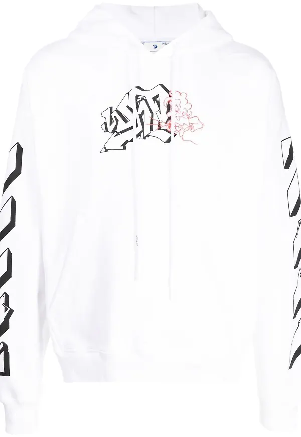 Off-White hoodie med graffititryck - Vit