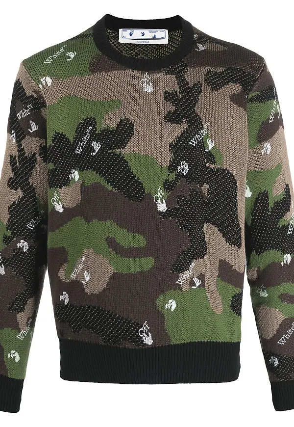 Off-White kamouflagemönstrad intarsiastickad tröja - Grön