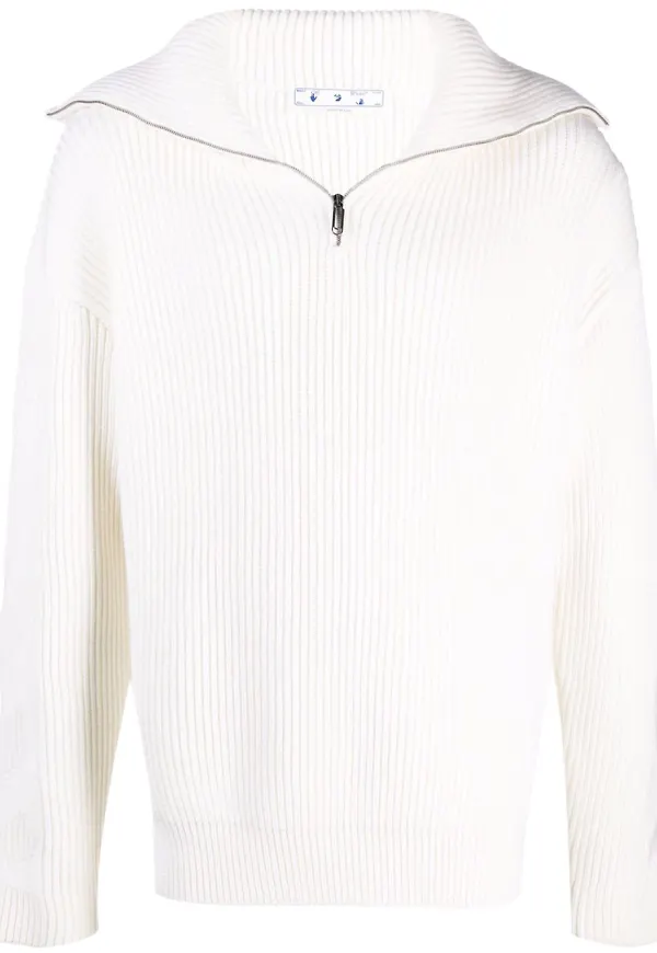 Off-White ribbstickad tröja med dragkedja - Vit