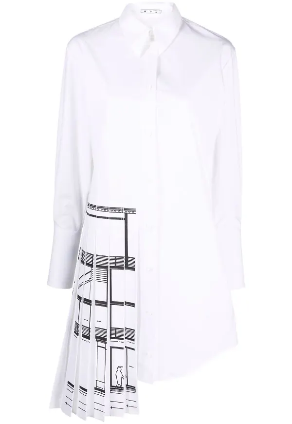 Off-White skjortklänning med plisserad panel - Vit