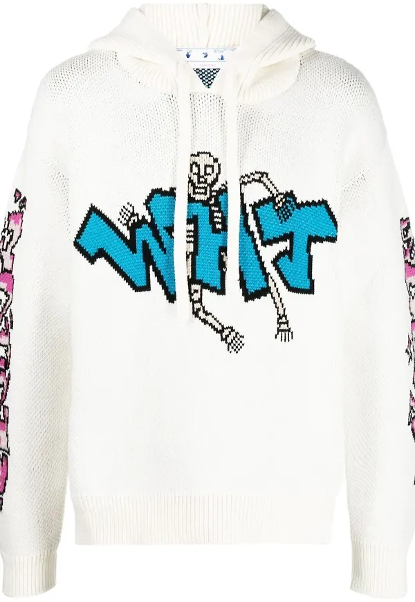 Off-White stickad hoodie med graffitidetalj - Vit