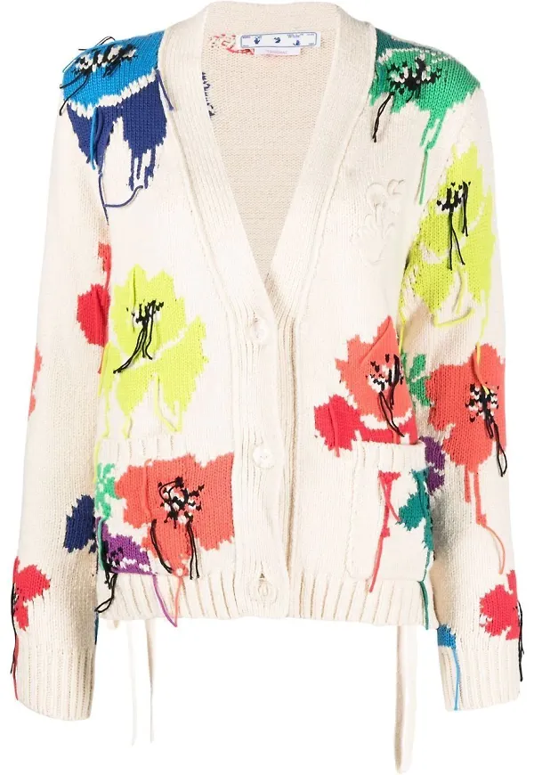 Off-White stickad kofta med blomsterbrodyr - Vit