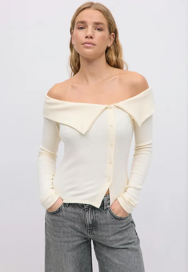 Gina Tricot - Off shoulder rib top - off shoulder-toppar - Vit - XS - Dam