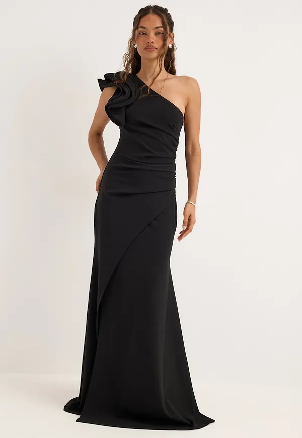 One Shoulder Ruffle Stretch Gown – Bubbleroom