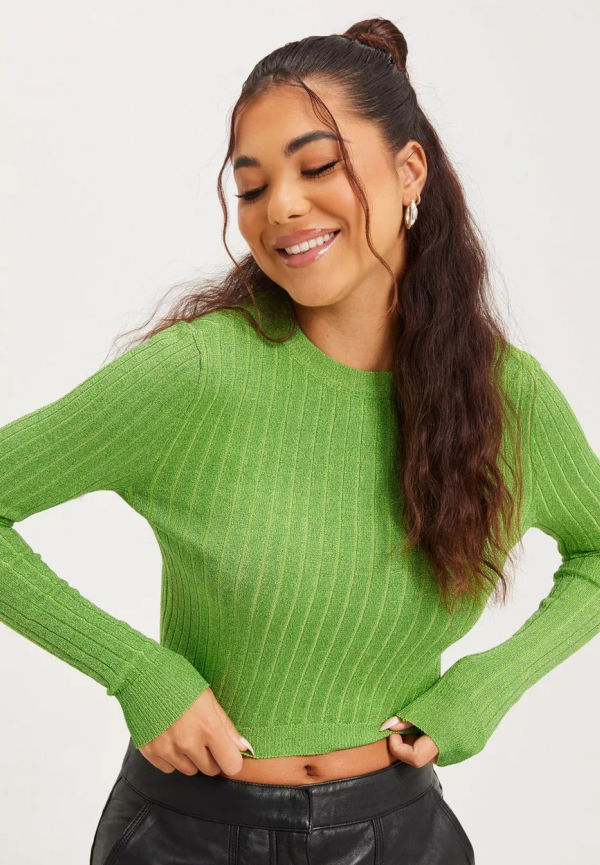 Only - Festtoppar - Jasmine Green W.Dtm. Glitter - Onlluxe Ls Crop Pullover Knt - Toppar & T-shirts