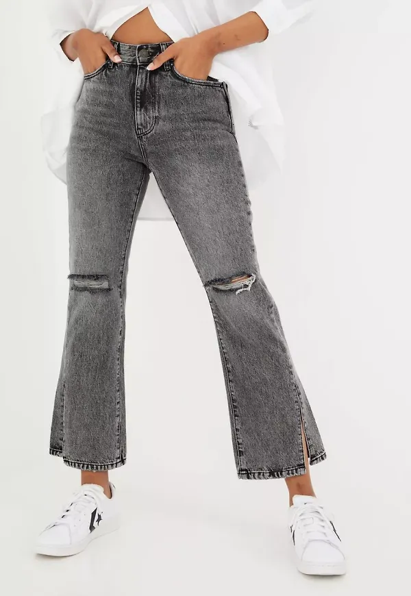 Only - Flare jeans - Black Denim - Onlfine Life Hw Flared Ank Slit Dnm - Jeans
