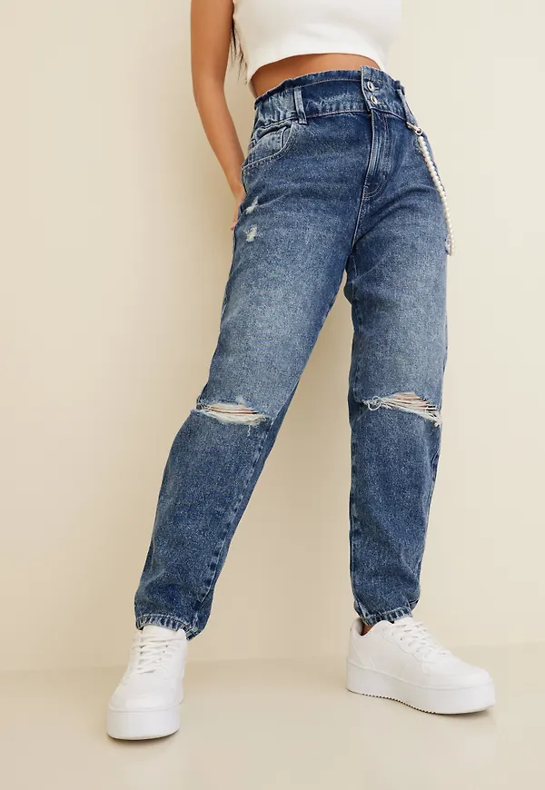 Only - High waisted jeans - Medium Blue Denim - Onllu Life Hw Carrot Destroy Dnm Pi - Jeans