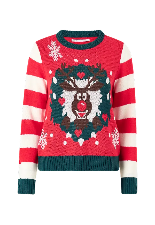Only - Jultröja onlXmas Deco Stripe L/S Pullover Box Knt - Röd - 36