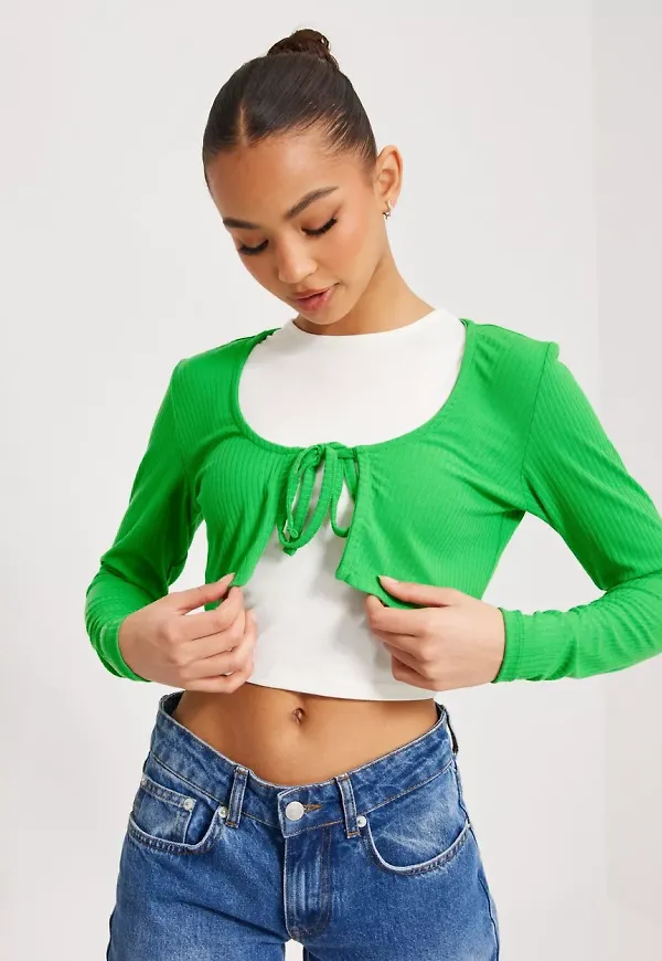 Only - Grön - Onlella L/S Short Tie Cardigan Jrs