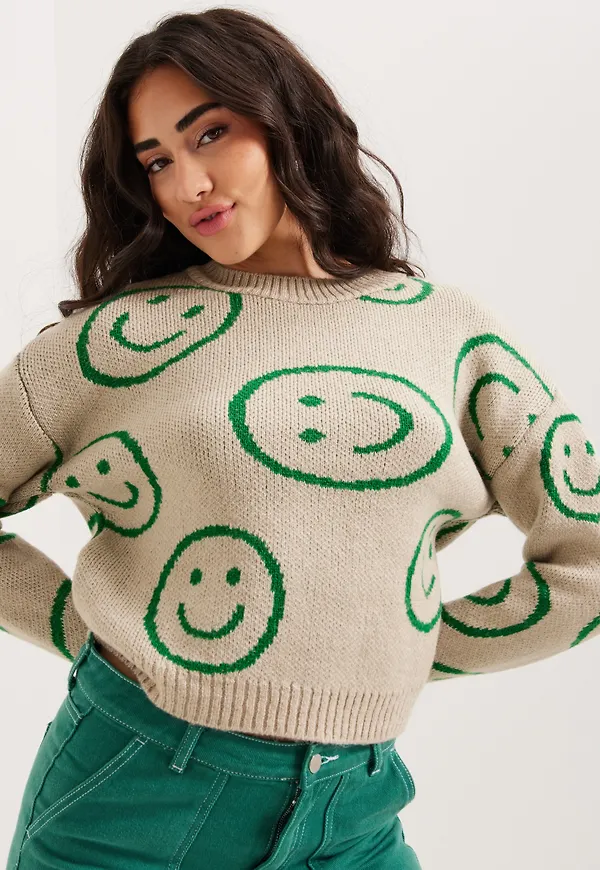 Only - Stickade tröjor - Pumice Stone W. Green Bee - Onlhappie L/S Pullover Knt - Tröjor - Knitted sweaters