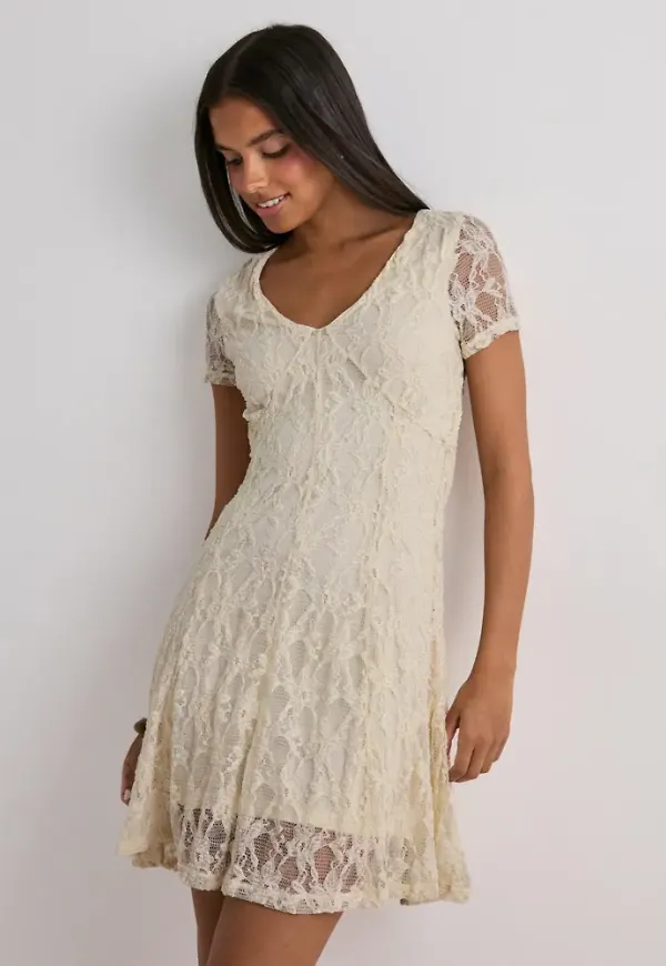 Only - Beige - Onlalbina S/S V-Neck Short Dress Jr