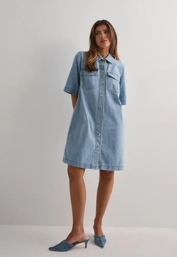 Only - Blå - Onlbelle S/S Button Dress Dnm Gua N