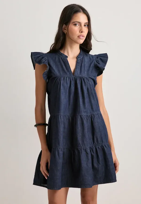 Only - Blå - Onlshania S/L Frill Short Dnm Dress