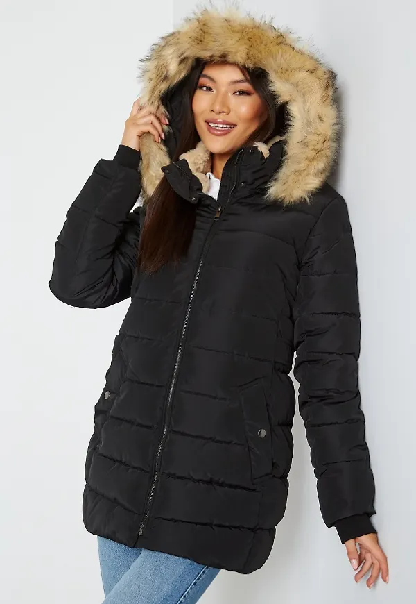 ONLY Camilla Hood Fur Coat Black Det. Nature Fu XL