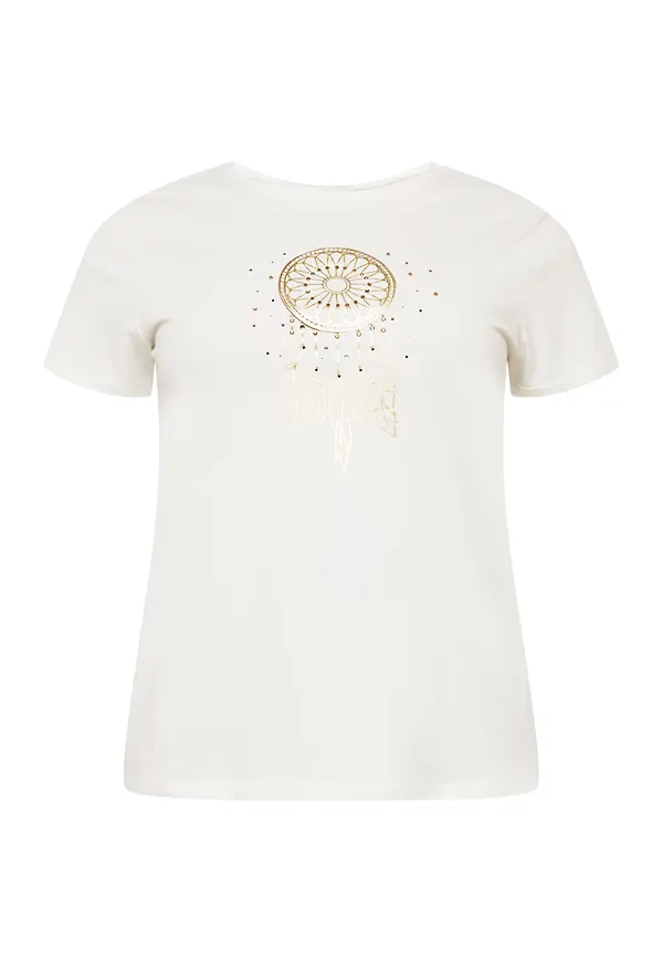 ONLY Carmakoma T-shirt 'FEATHER' guld / vit