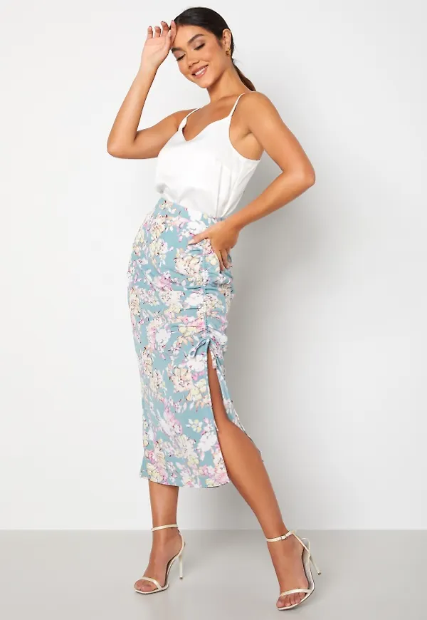 ONLY Lalica Life Midi Ruching Skirt Stone Blue AOP:Tea f L