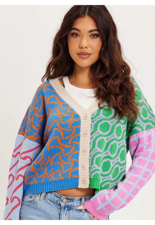 Only Onlcyndi L/S Mix Cardigan Knt Kofta med knappar Green Bee Multi Pattern Mix 1