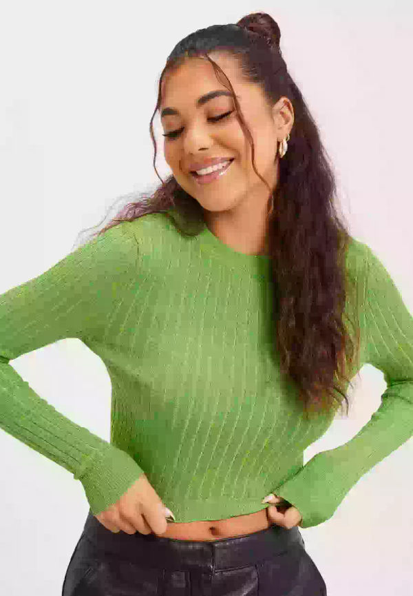 Only Onlluxe Ls Crop Pullover Knt Glittriga toppar Jasmine Green W.Dtm. Glitter
