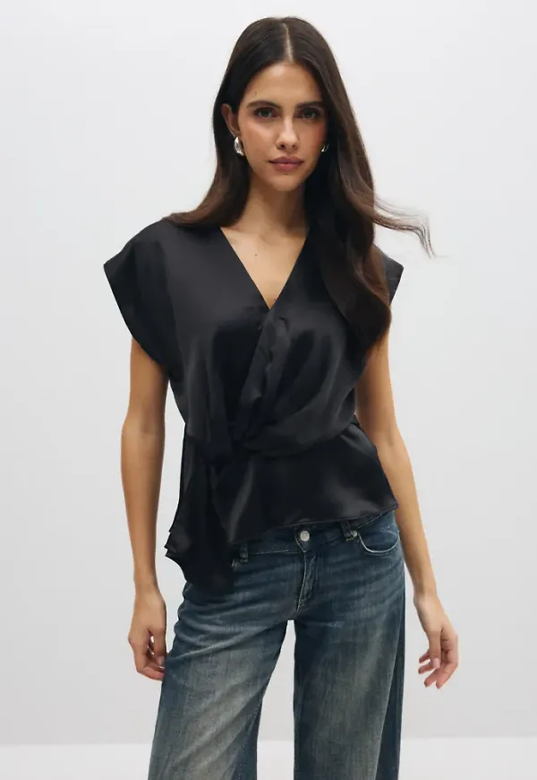 Only - Svart - Onldune S/L Wrap Knot Top Wvn