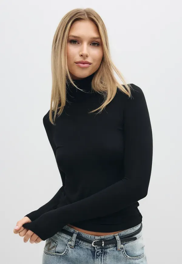 Only - Svart - Onlglamour L/S Roll-Neck Top Jrs No