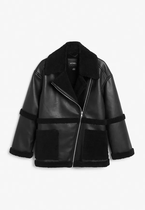 Oversized faux leather aviator jacket - Black