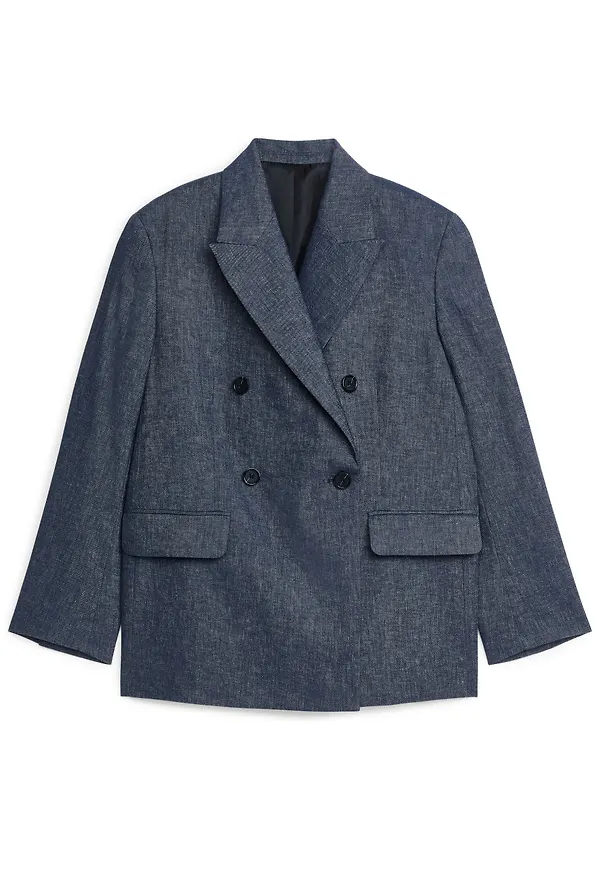 Oversized Linen Cotton Blazer - Blue