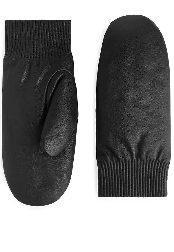 Padded Leather Mittens - Black