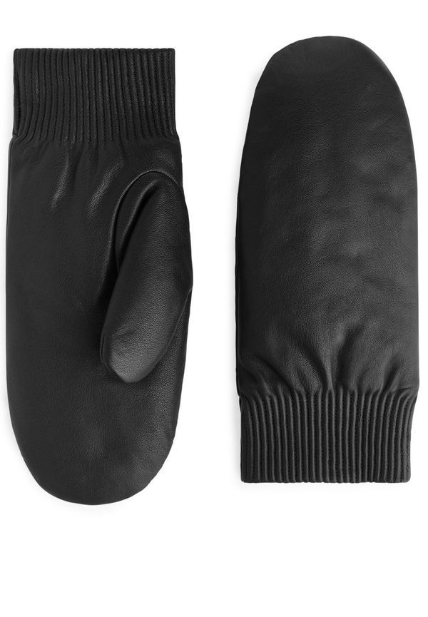 Padded Leather Mittens - Black