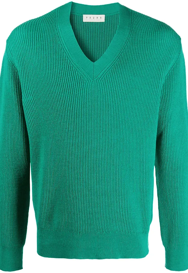 Paura v-ringad stickad tröja - Grön