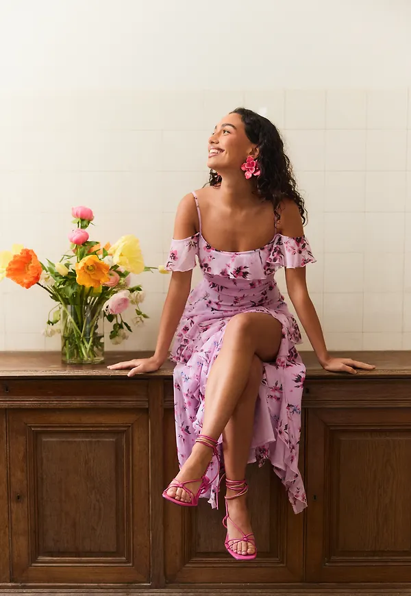 Peaky Shoulder Flounce Maxi Dress