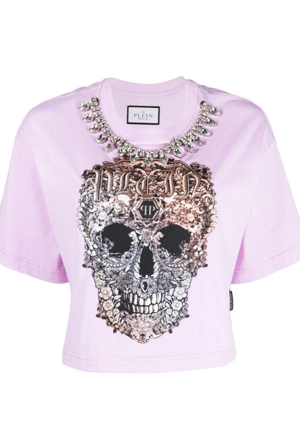 Philipp Plein beskuren t-shirt med barockmönstrad dödskalle - Rosa