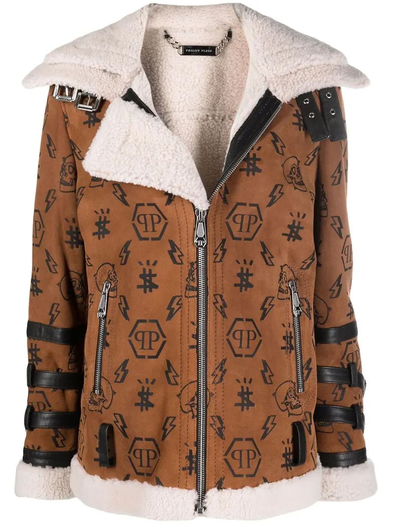 Philipp Plein fårskinnsfodrad bikerjacka med monogram - Brun