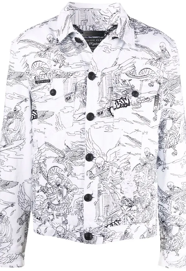 Philipp Plein jeansjacka med skelettatueringstryck - Vit
