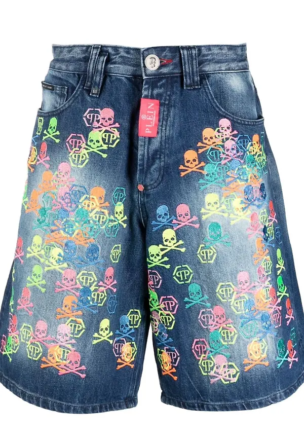 Philipp Plein jeansshorts med broderad dödskalle - Blå