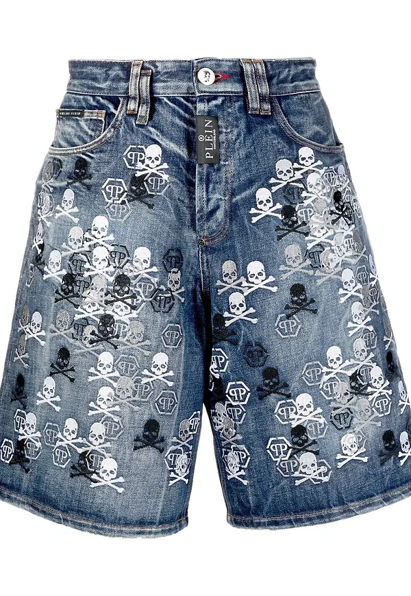 Philipp Plein jeansshorts med dödskalle - Blå