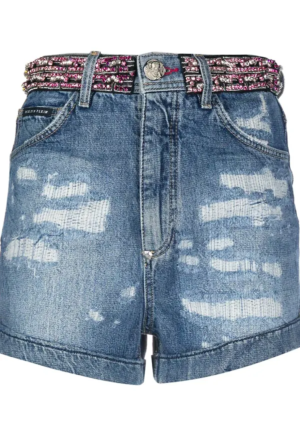 Philipp Plein jeansshorts med strass - Blå