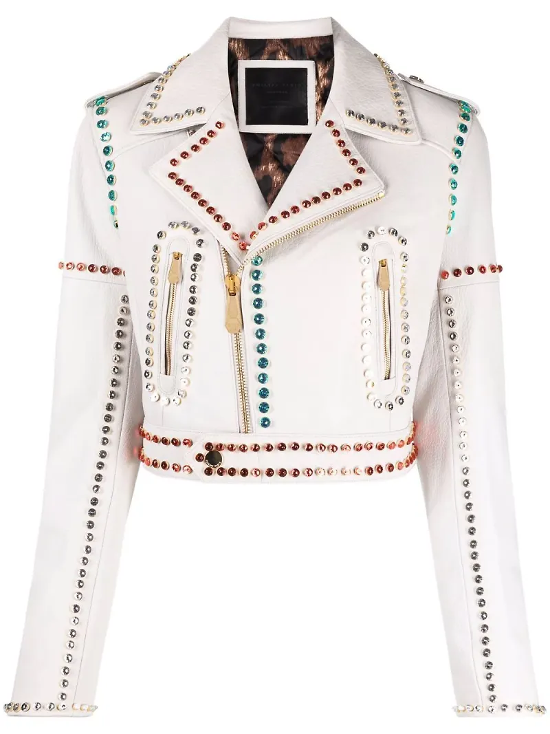 Philipp Plein kort bikerjacka med strasskant - Vit