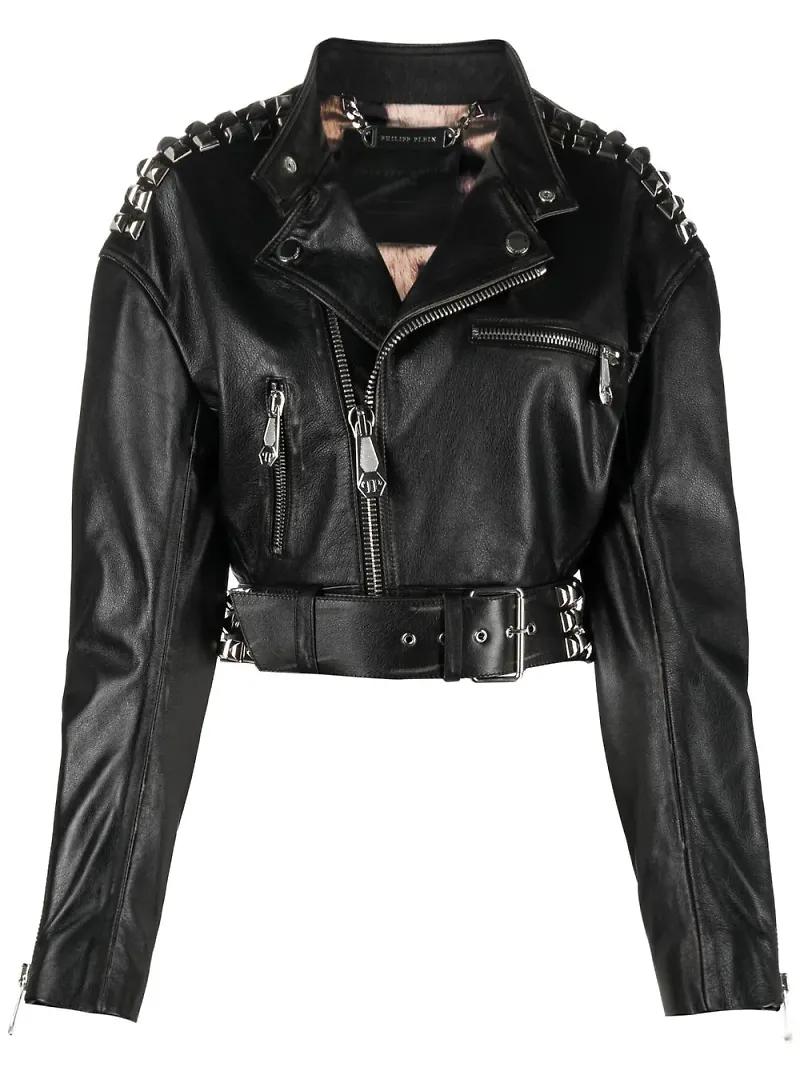 Philipp Plein kort skinnjacka med nitar - Svart