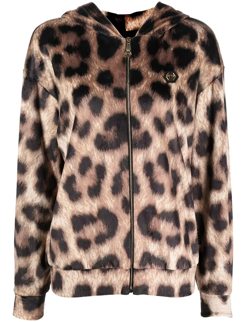 Philipp Plein leopardmönstrad hoodie med dragkedja - Brun