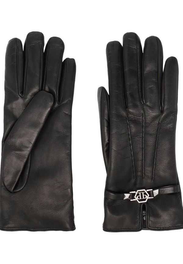 Philipp Plein läderhandskar med logotypplakett - Svart